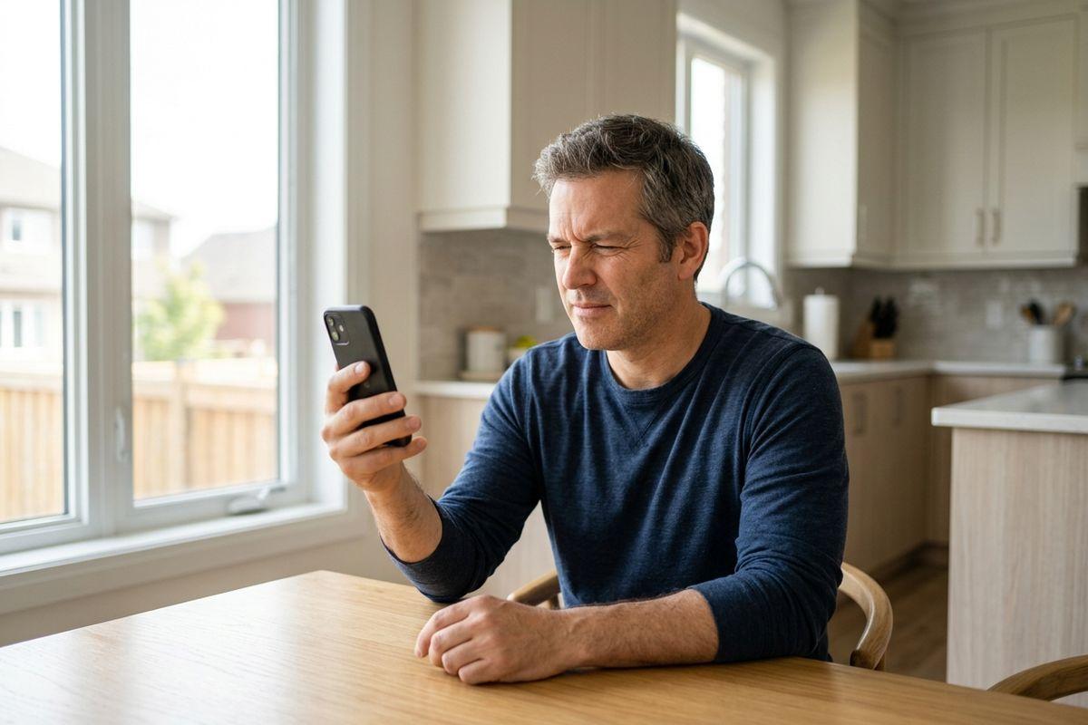 Adult squinting at a smartphone while sitting at a kitchen table, looking confused or concerned, in a bright modern home.