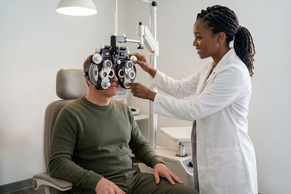 Optometrist in white coat adjusting a phoropter on a seated patient during an eye exam in a clinical setting.