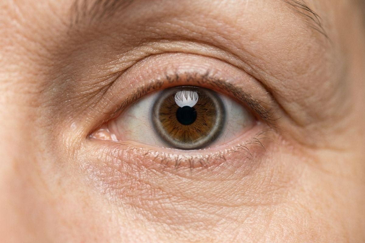 Close-up of an adult's open eye with a brown iris, visible eyelashes, and surrounding skin with fine wrinkles.