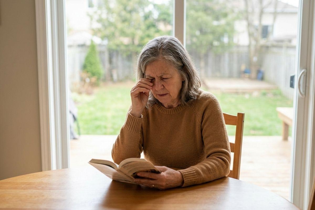 Older adult sitting at a wooden table holding a book, rubbing one eye with a strained expression, near a glass door with a backyard view.