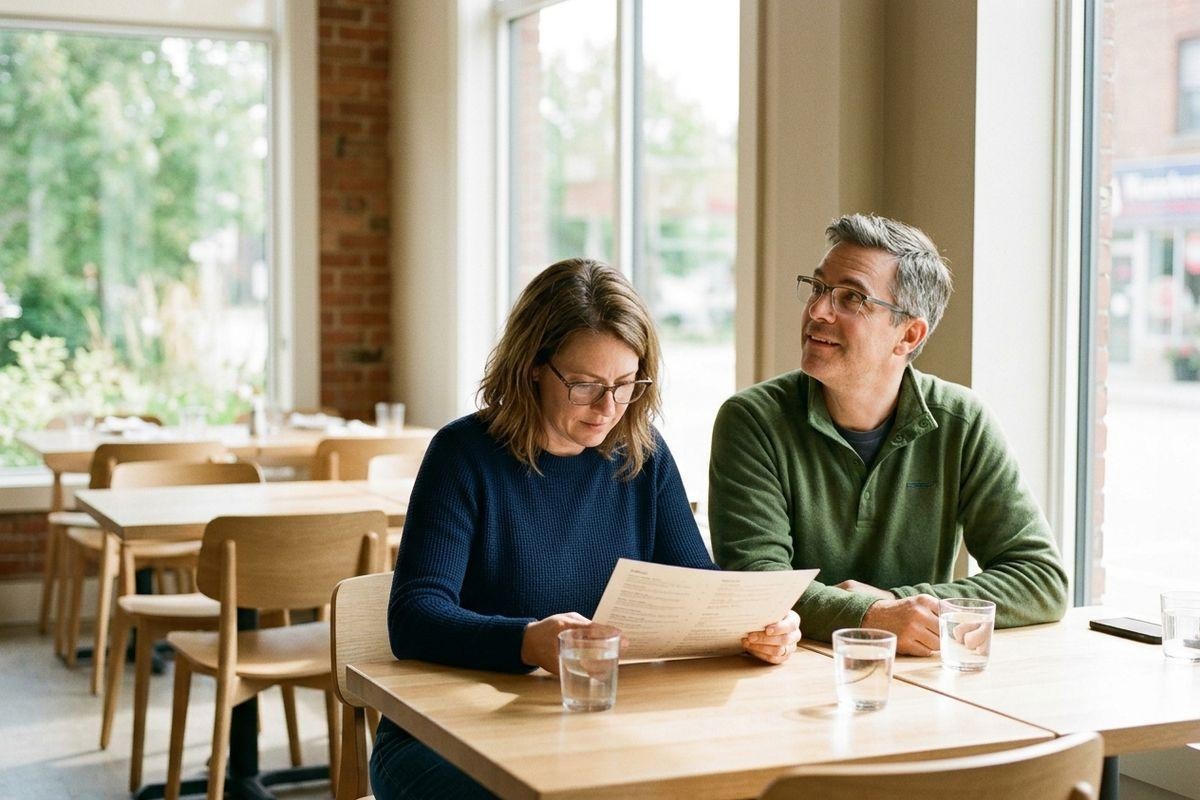 two-adults-wearing-glasses-sit-at-a-wooden-table-in-a-bright-restaurant-one-read Two adults wearing glasses sit at a wooden table in a bright restaurant; one reads a menu while the other looks at them, smiling.