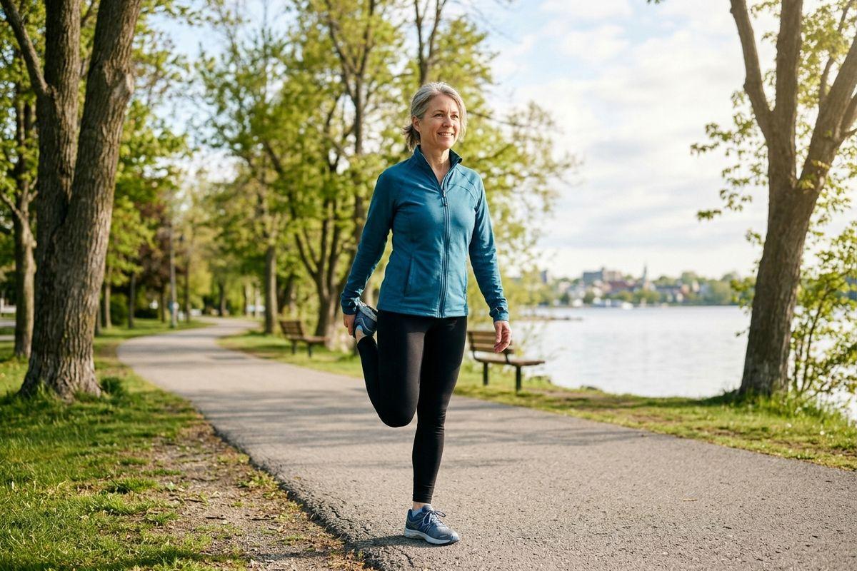 Older adult stretching one leg on a paved park path beside a lake, smiling, wearing a blue jacket and black leggings.