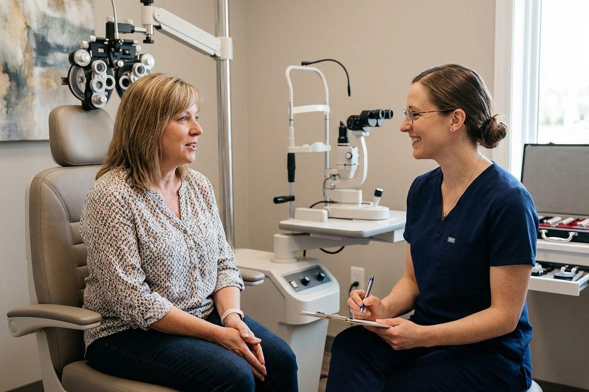 Optometrist smiling and holding a clipboard consults with a patient seated in an exam chair, with a phoropter and slit lamp visible behind them.