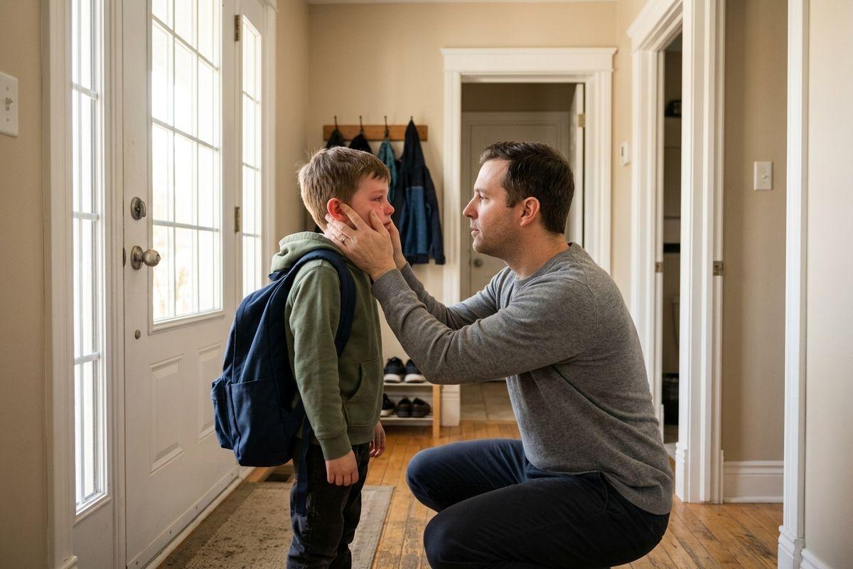 Adult crouching in an entryway, holding the face of a child wearing a backpack, both looking at each other with concerned expressions.