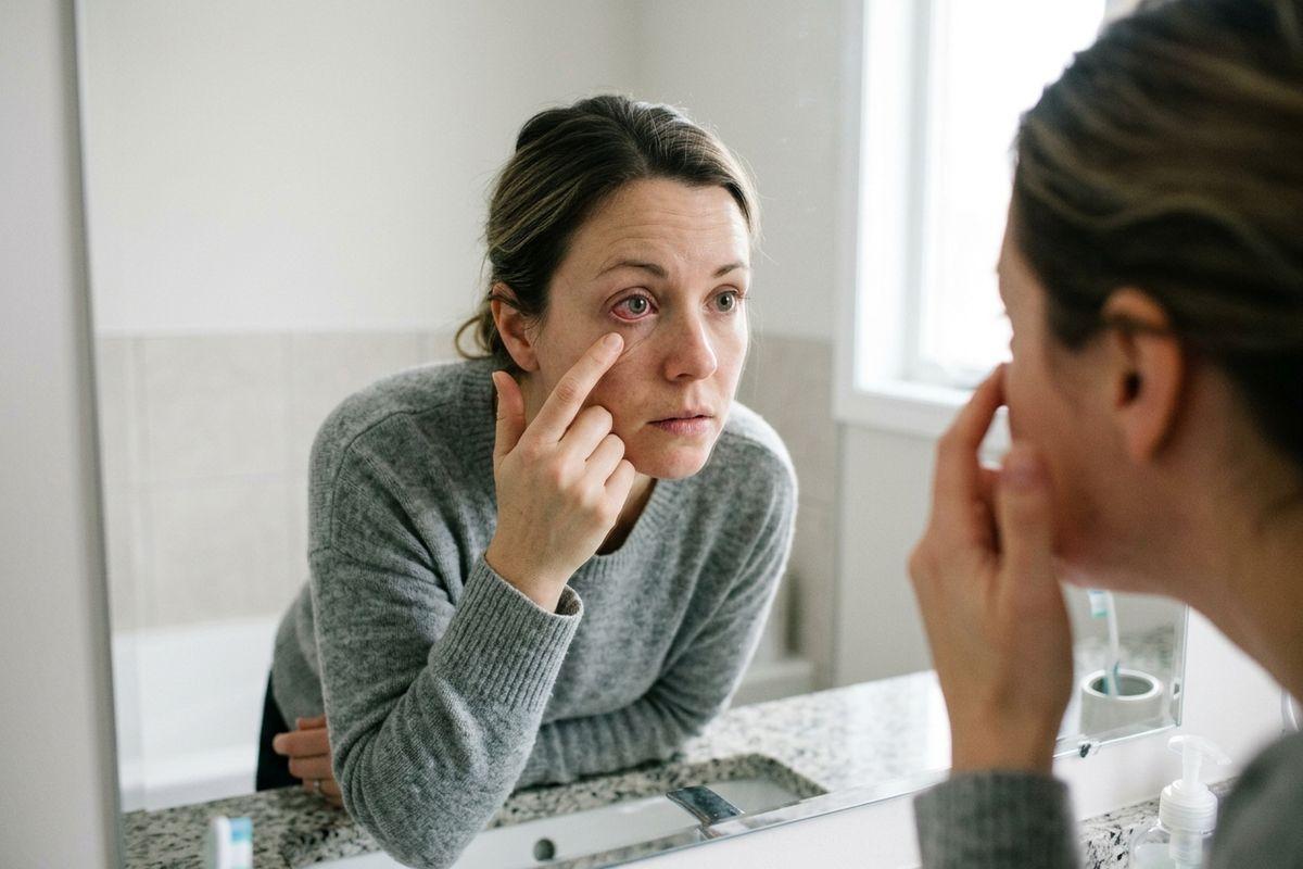 Person in a grey sweater leaning toward a bathroom mirror, pulling down the lower eyelid of one reddened eye and examining it closely.