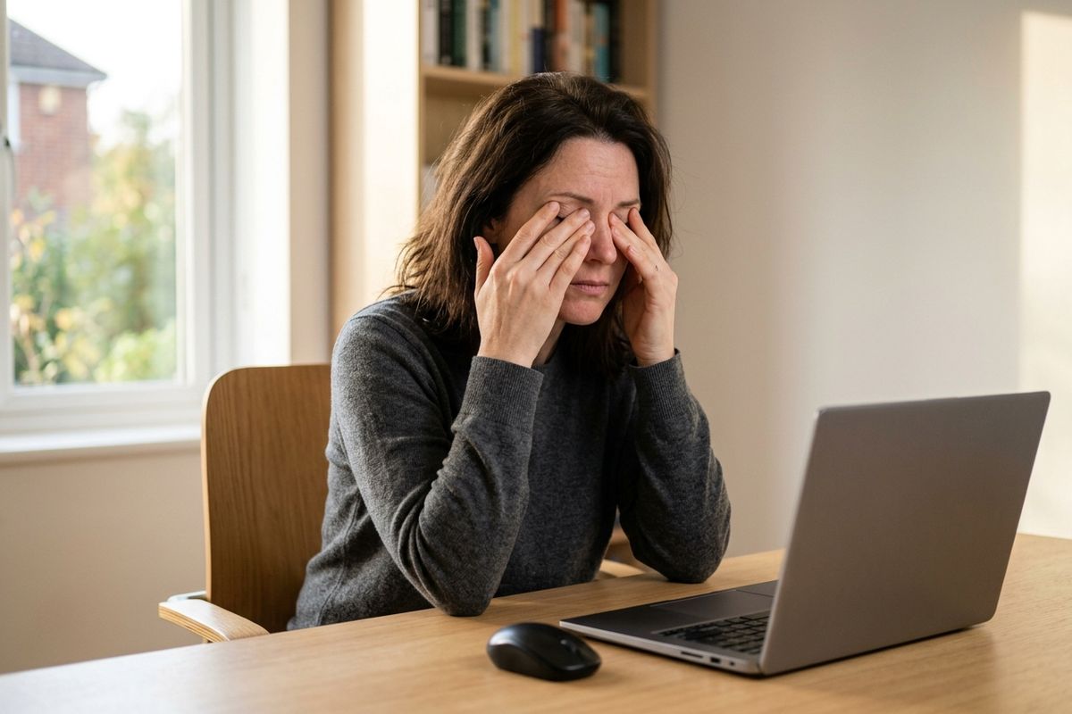 Adult sitting at a wooden desk rubbing both eyes with hands, eyes closed, in front of an open laptop and mouse near a window.