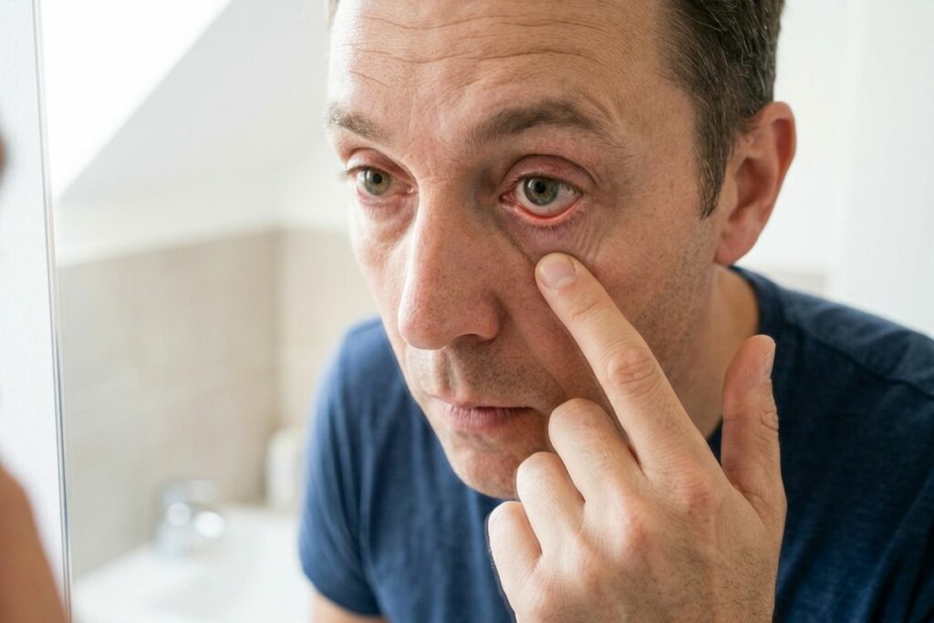 Close-up of an adult pulling down the lower eyelid of one reddened eye with a fingertip while looking into a bathroom mirror.